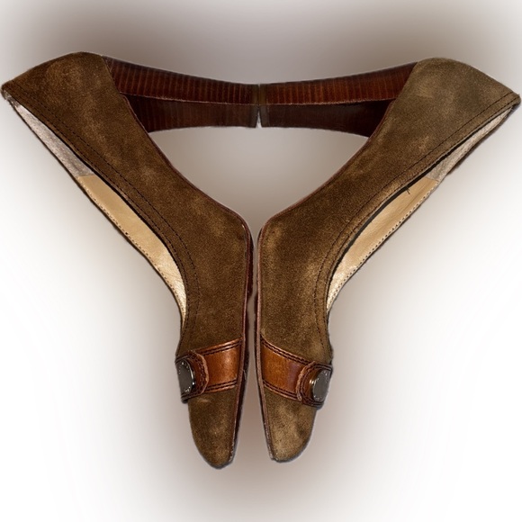 Michael Michael Kors | Brown Suede Pumps | Wooden Heel & Logo Strap | 8.5M - Picture 4 of 11